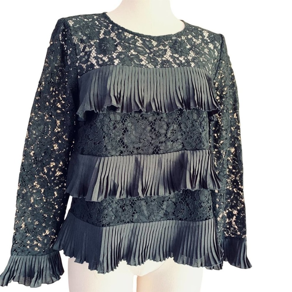 J Crew Blouse Pleated Ruffle Satin Black Floral Lace Tiered Lace Party Size 6